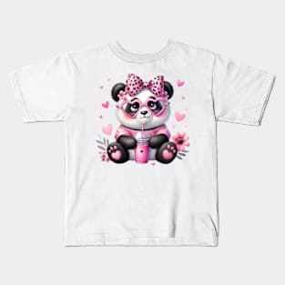 Valentine Panda Bear Drinking Ice Cream Kids T-Shirt